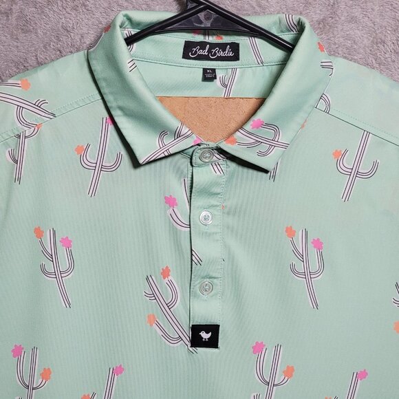 Bad Birdie Polo Shirt Mens XL Cactus Print Golf Performance Stretch Lightweight - Picture 2 of 9